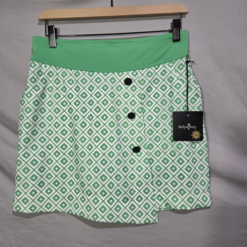 NWT BELYN KEY Women XS Pull On Wrap Skort Golf Pickleball Resort Green White Geo